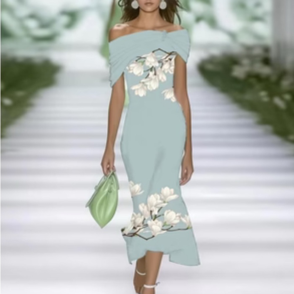 Floral Off-Shoulder Dress in Light turquoise. By Valanio